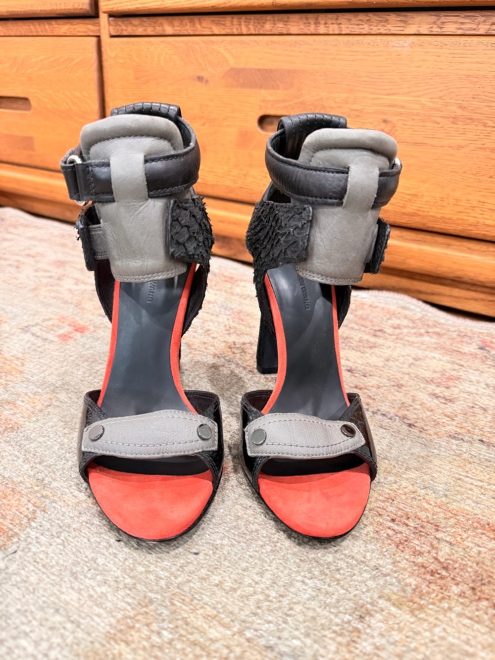 Alexander Wang Black, Gray and Red Ankle-Strap High Heel Sandals